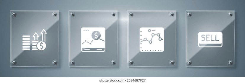 Set Sell button, Browser with growth graph, Website and Financial and dollar. Square glass panels. Vector