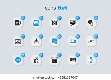 Set Sell button, Employee hierarchy, Envelope, Deal, Dollar plant, Money exchange, Cup of tea and Video chat conference icon. Vector