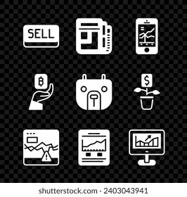 Set Sell button, Stock market news, Mobile stock trading, Failure stocks, Website with growth graph, Computer, Hand holding Bitcoin and Bear icon. Vector