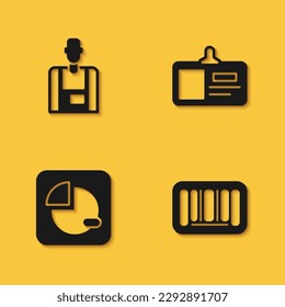 Indique el icono Seller, Barcode, Pie chart infographic e Identificación con sombra larga. Vector