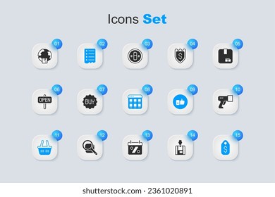 Set Seller, Buy button, Shopping list, basket, Price tag with dollar, Scanner scanning bar code, Worldwide shipping and Online shopping screen icon. Vector