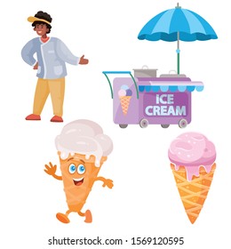 set of seller, carts for sale, ice cream, isolated object on a white background,