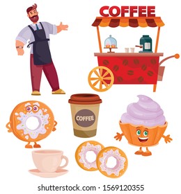 set of seller, coffee, glass, cup, donut, muffin, street cart, fast food, isolated object on a white background,