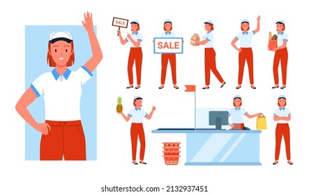 Set Of Seller Girl During The Work Day In Different Poses. Smiling Greeting Sales Assistant, Kindly Shop Cashier, Promotional Products Salesperson Flat Vector Illustration