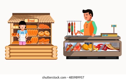 Set of sellers at the counter and stall. Collection vector shops in flat style. Kiosk with bread, meat products. Grocery stores illustration