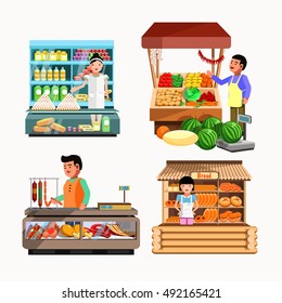 Set of sellers at the counter and stall. Seller Collection vector shops in flat style.Seller Kiosk with vegetables, bread, meat and milk products. Grocery stores illustration