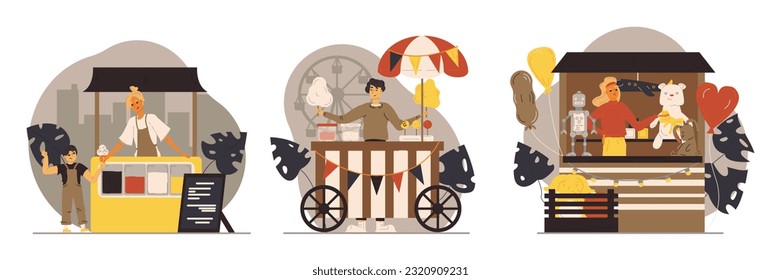 Set of sellers working outside, sell street food from truck. Lady in apron giving ice cream to child. Man selling cotton candy, Woman standing in shop with toys and balloons. Flat vector illustration