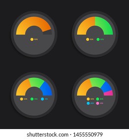 Set of semi circle donut chart infographics elements with 1,2,3,4 steps, process, parts, or options. dark view. vector illustration template design for business. 