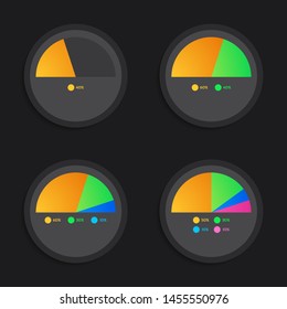 Set of semi circle pie chart infographics elements with 1,2,3,4 steps, process, parts, or options. dark view. vector illustration template design for business.