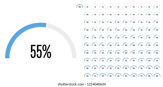 Set of semicircle arc percentage diagrams from 0 to 100 ready-to-use for web design, user interface (UI) or infographic - indicator with blue