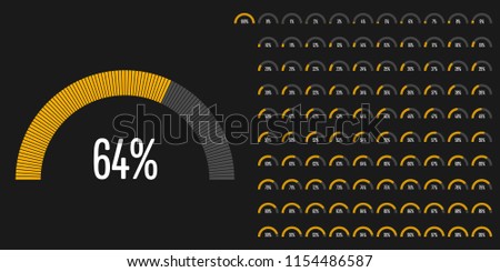 Set of semicircle arc percentage diagrams from 0 to 100 ready-to-use for web design, user interface (UI) or infographic - indicator with yellow