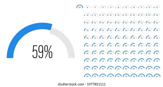 Set of semicircle arc percentage progress bar diagrams meters from 0 to 100 ready-to-use for web design, user interface UI or infographic - indicator with blue