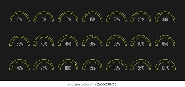 Satz von halbkreisförmigen Bogen prozentualen Fortschritt Balkendiagramm Meter für Web-Design, Benutzeroberfläche oder Infografik - Indikator mit gelb