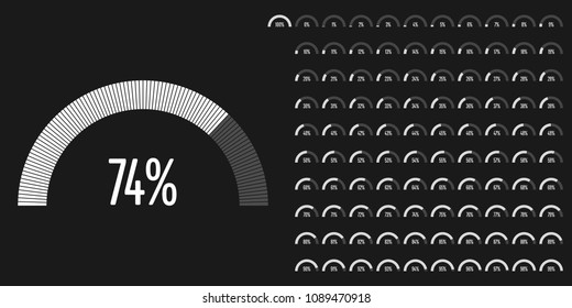 Set of semicircle percentage diagrams from 0 to 100 ready-to-use for web design, user interface (UI) or infographic - indicator with white