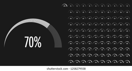 Set of semicircle percentage diagrams (meters) from 0 to 100 ready-to-use for web design, user interface (UI) or infographic - indicator with white