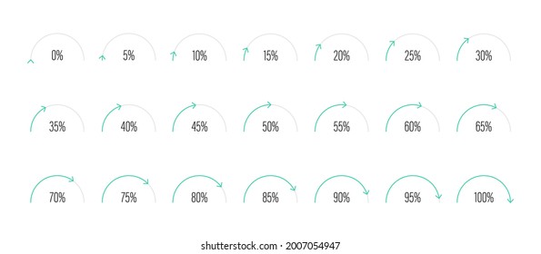 Set of semicircle percentage diagrams meters from 0 to 100 ready-to-use for web design, user interface UI or infographic - indicator with green