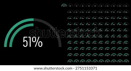 Set of semicircle percentage progress bar diagrams meters from 0 to 100 ready-to-use for web design, user interface UI or infographic - indicator with green