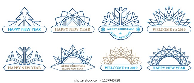 Set of semicircular Christmas ornaments. Border made of lines. Geometric New Year pattern. Semicircle shapes. Designer frames for invitations and holiday cards.