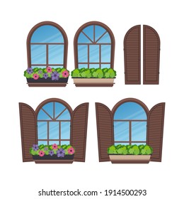 Set of semicircular windows with shutters and flowers. In a flat style. Isolated. Vector illustration.