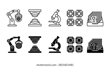 Set of semiconductor manufacturing icons featuring robotic arm, lithography lens, chip, and wafer vector elements