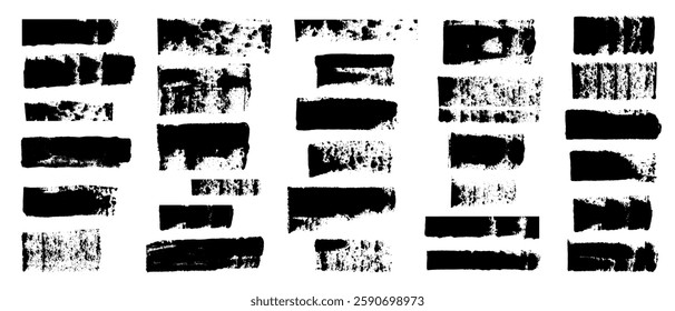 Set of semi-dry black brush strokes in form of unpainted horizontal stripes of different sizes, shapes with torn, uneven edges. Vector illustration of textured spots as background for marking.