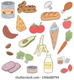 Set of semi-finished products and drinks, vegetables and fruit. Food and drink concept. Vector illustration in cartoon style.