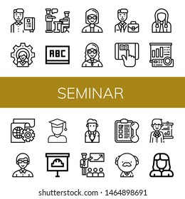 Set of seminar icons such as Student, Leader, Presentation, Blackboard, Teacher, Businessman, Elearning, Projector screen, Learning, Training, Professor , seminar