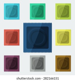 Set of semi-realistic condoms in different color. Vector