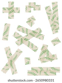 Set of semi-transparent washi tapes with pattern isolated on white. Tapes collection in vector. Pieces of decorative tape for scrapbooks. Torn paper. Spring, summer. Beige and green