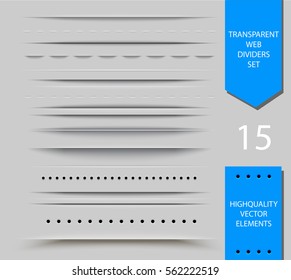 Set of semitransparent web dividers and shadow isolated on light background. Vector translucent delimiter effect illustration