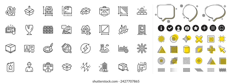 Conjunto de iconos de caja de envío, maletín de advertencia y línea de paquete de búsqueda para la aplicación web. Elementos de diseño, iconos de redes sociales. Marco, Paleta, Iconos de cuadro abierto. Vector