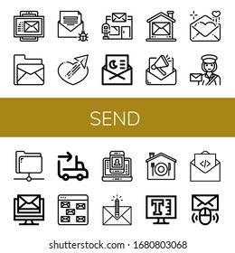 Set of send icons. Such as Email, Sending, Post office, Invitation, Mail, Love letter, Postwoman, Share, Contact information, Envelope, Home delivery, Text , send icons