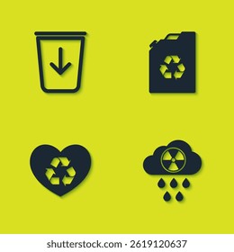 Set Send to the trash, Acid rain and radioactive cloud, Eco friendly heart and fuel canister icon. Vector
