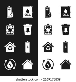 Senden Sie an den Müll, Batterien mit Recycling, Öko-Naturblatt und -Batterie, Ölfass, Hausrecycling und Recycling sauberes Wasser-Symbol. Vektorgrafik