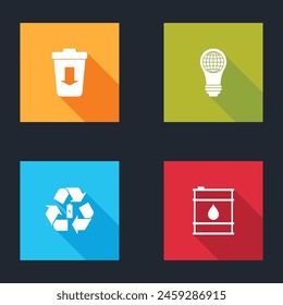 Set Send to the trash, Light bulb with world globe, Battery recycle and Oil barrel icon. Vector