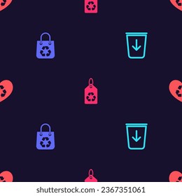 Ponga Enviar a la basura, bolsa de compras con reciclador, etiqueta y corazón ecológico en un patrón sin fisuras. Vector