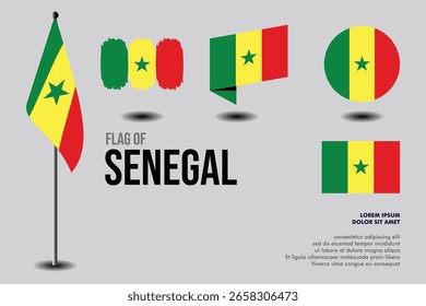 Set der senegalesischen Flagge in 5 Ausführungen: Fahne auf Stange, Pinselstrich, Schrägstrich, rund und Standard. Vektor, flach, einzeln auf grauem Hintergrund. Perfekt für verschiedene Designprojekte