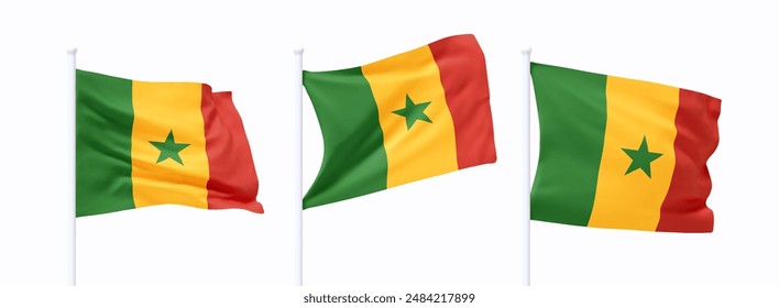 Set of Senegalese waving flag on flagpole. Realistic 3d design flag flies on the wind on isolated white background. vector illustration