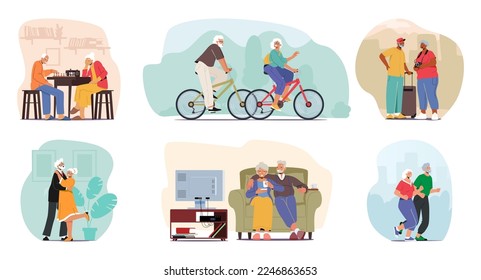 Set of Senior Active Couple Lifestyle and Recreational Activities. Older Adult Male and Female Characters Play Chess, Riding Bicycle, Dance, Travel, Watch Tv, Jog. Cartoon People Vector Illustration