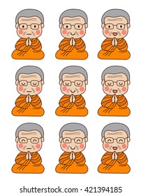 Set of senior Buddhist monk wearing glasses sitting and praying with different facial expressions. Vector Illustration. 