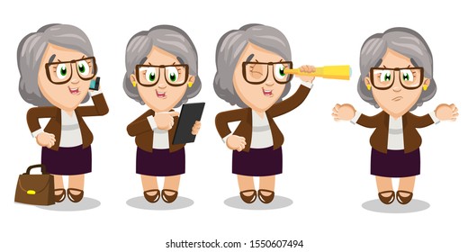 Set with senior businesswoman in different poses. Silver haired lady chief accountant, financial director. or owner speaks by smartphone, looks through spyglass, makes helpless gesture, uses tablet.