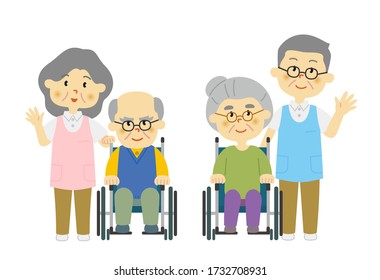 Set of senior caregivers. Vector data on a white background.