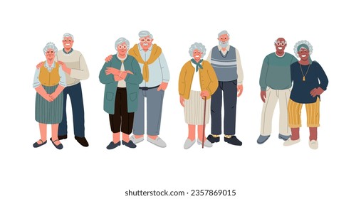 Set of senior character in flat design.Happy elderly men and women standing in full growth in one line.Vector person isolated on white background.