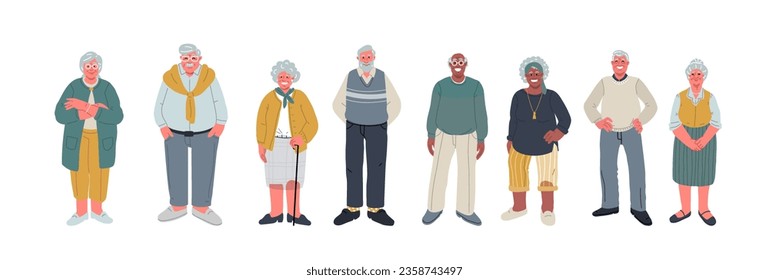 Set of senior character in flat design.Happy elderly men and women standing in full growth in one line.Vector person isolated on white background.