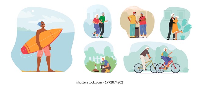 Set of Senior Characters Active Lifestyle, Aged Man and Woman Jogging, Surfing and Dancing. Pensioners Riding Bike, Gardening and Traveling Recreation and Sport. Cartoon People Vector Illustration