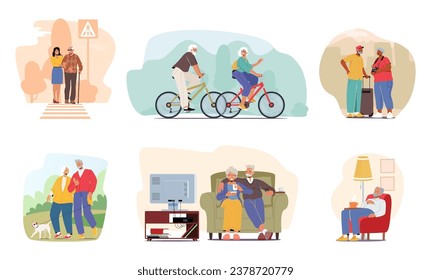 Set of Senior Characters Crossing the Road by Zebra, Riding Bicycles, Walking with Dog in Park, Watching Movies Together, Relax on the Armchair and Travel Abroad. Cartoon People Vector Illustration