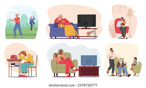 Set of Senior Characters Exercising in Park, Watching Movies at Home, Use Gadgets, Listening Radio, Meet with Family. Elderly Grandparents Lifestyle and Activities. Cartoon People Vector Illustration