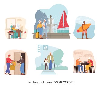 Set of Senior Characters Life Scenes. Pensioner Reading Newspaper, Old Couple Travel with Luggage, Elderly Man Engage Surfing Sport, Volunteer Deliver Food, Cross Zebra. Cartoon Vector Illustration