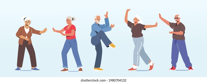 Set of Senior Characters Make Tai Chi Exercising Outdoors. Pensioners Morning Workout at City Park, Group Classes for Elderly People Healthy Body, Flexibility and Wellness. Cartoon Vector Illustration