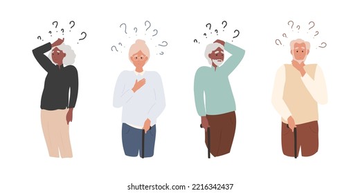 Set of senior characters think, confused grandfather, grandmother forget and trying remember. Forgetful elderly people with Alzheimer Disease. Cartoon flat Vector Illustration